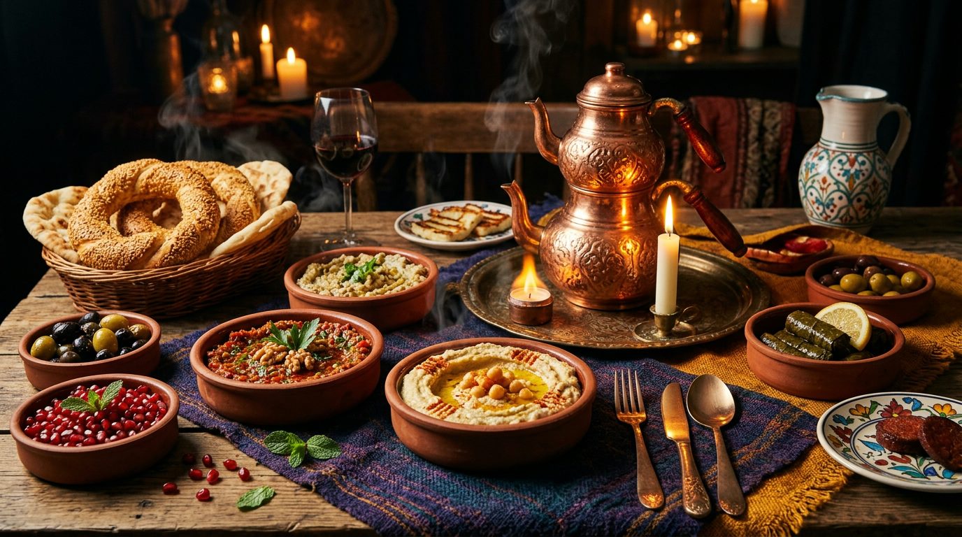 A richly laid Turkish table with meze dishes, copper teapot, and fresh bread